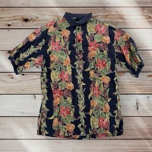 Tori Richard Hawaiian Shirt Polo Mens Small Black Floral Pullover Cotton Camp